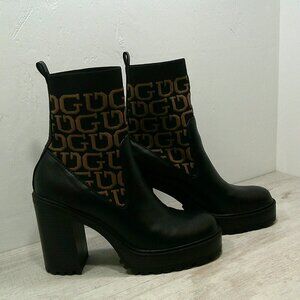 Sexy Guess Black Platform Heeled Ankle Booties Knit Strech Lug Sole   Sz 9.5